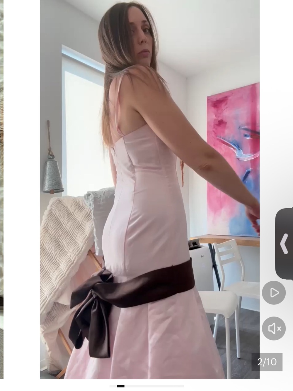 Women's Light Pink Satin A-Line Dress with Dark Brown Sash